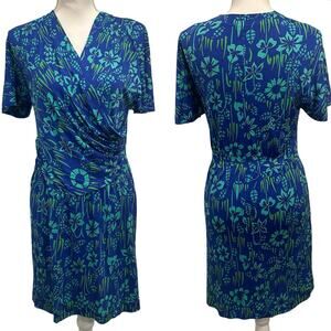 VTG‎ 70s Bessi Firenze Blue Green Floral Silk Faux Wrap Surplice Dress Mod Small